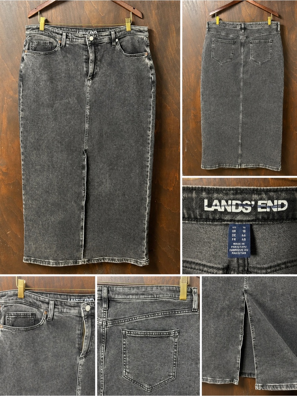 Lands' End Black Wash Denim Midi Pencil Skirt | Front Slit | Size 16